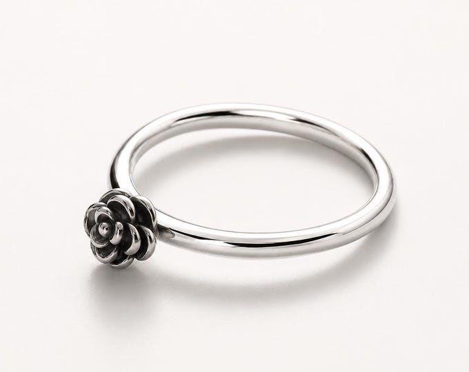 Vintage Sterling Silver Rose Ring, Oxidized Botanical Floral Jewelry