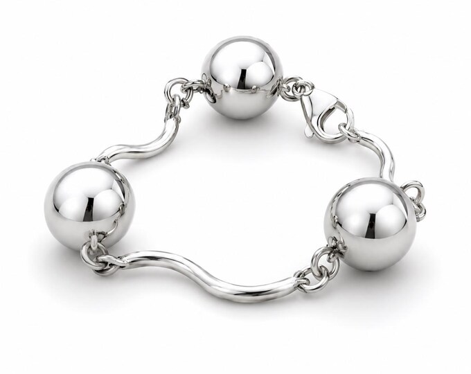 Sterling Silver Ball Bracelet, Large Sphere Wavy Link Statement Jewelry