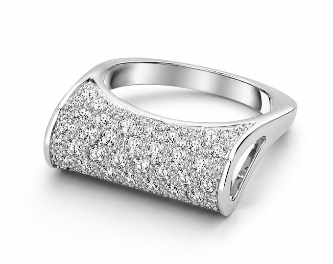 Vintage Sterling Silver Statement Ring, Wide Pavé Clear Stones, Restored Geometric Jewelry