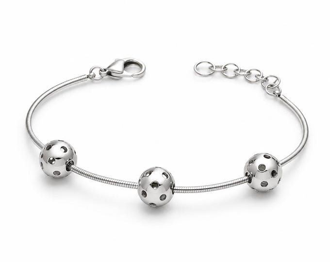 Vintage 925 Sterling Silver Bracelet, Openwork Sphere Beads, Snake Chain, Adjustable Retro Geometric Jewelry