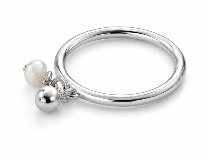 Restored Sterling Silver Charm Ring, Pearl Bead and Silver Ball, Minimalist Style