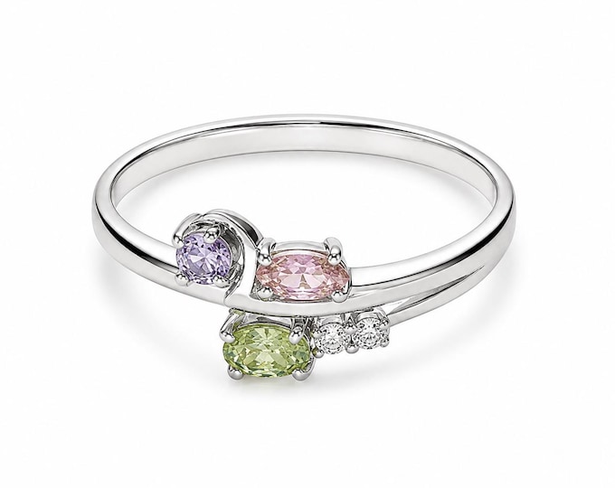 Restored Sterling Silver Open Bypass Ring, Pastel Multicolor Stones, Size 8