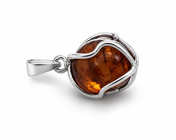 Vintage 925 Sterling Silver Amber Pendant, Cognac Amber Necklace Charm, Restored Silver Jewelry, Unique Gift for Her, 1.05 g