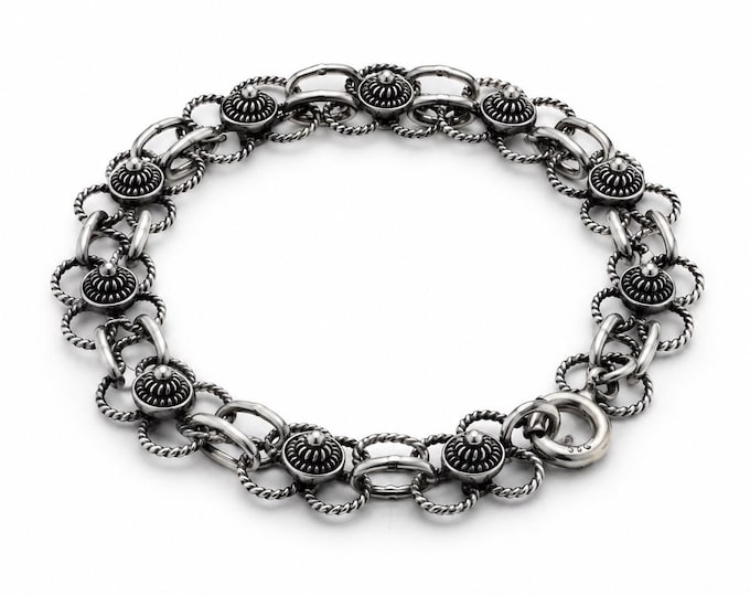 Vintage Sterling Silver Floral Link Bracelet, Oxidized Boho Jewelry