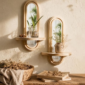 Miroir mural bohème en bois avec étagère, niche rustique cintrée, décoration pour entrée, chambre ou salle de bain