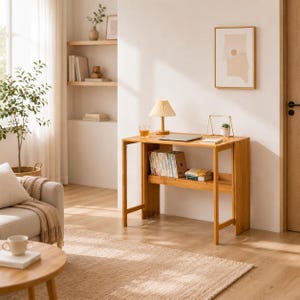 May include: A light brown wooden folding desk featuring a rectangular top, a lower storage shelf holding books, and a pleated lampshade on the surface. The desk is positioned in a room with light-coloured walls and a wooden floor.