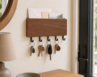 Soporte de madera para llaves de pared con 5 ganchos, organizador de correo y cartas, estante de almacenamiento para recibidor y pasillo.