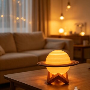 Saturn-Nachtlicht mit 16 individuell anpassbaren Farben, Fernbedienung und Timerfunktion, LED-Licht, USB-Anschluss, Holzsockel – ideal für Weltraumbegeisterte.