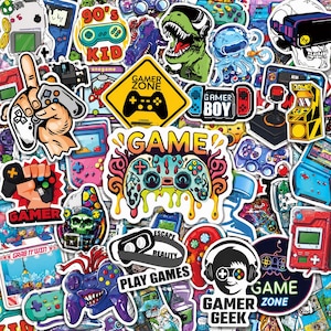May include: A collection of colorful vinyl stickers featuring various gaming themes, including handheld consoles, game controllers, virtual reality headsets, arcade machines, and text graphics like Gamer Zone, 90s Kid, and Escape Reality Play Games.
