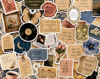 May include: A collection of vintage-style paper stickers featuring various illustrations including a butterfly, a black cat, a teacup, a vinyl record, a mason jar with lights, floral motifs, and inspirational text snippets like "Trust the timing" and "One way ticket to anywhere."