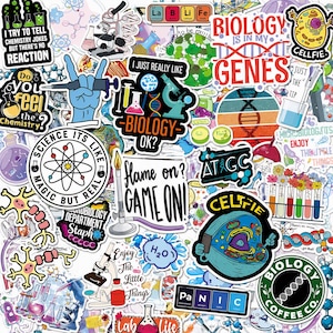 May include: A collection of science-themed stickers featuring laboratory equipment, DNA strands, and humorous text like Biology is in my genes, Science its like magic but real, and I just really like biology ok, with colorful illustrations.