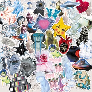 May include: A collection of assorted stickers featuring diverse illustrations including a yellow star, a red heart, a teddy bear, a cat in a spaceship, a melting clock, an astronaut on a planet, a human face with blue liquid, and various surreal creatures.