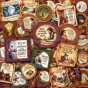 Può includere: Una collezione di adesivi rettangolari, circolari e ottagonali con citazioni letterarie e illustrazioni. I disegni includono raffigurazioni di persone che leggono, scrivono e paesaggi, con testi come 'Start writing, no matter what' e 'Books are uniquely portable magic.'