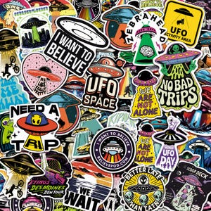 May include: A collection of colorful stickers featuring various UFO, alien, and space-themed designs. The stickers include phrases like I Want To Believe, No Bad Trips, We Are Not Alone, Need A Trip, UFO In Space, and World UFO Day, with illustrations of flying saucers, extraterrestrial beings, and cosmic landscapes.