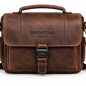 Pode incluir: Uma bolsa tiracolo castanha com alça superior e alça de ombro ajustável. A aba frontal apresenta o texto SPORTIVA GEAR e um fecho de fivela de plástico preto. A bolsa tem bolsos laterais com zíperes e ferragens de metal.