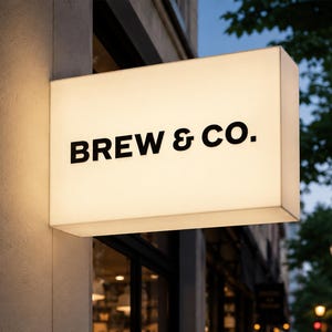 May include: A rectangular, wall-mounted, illuminated sign with a white, glowing surface. The text BREW & CO. is printed in bold, black, sans-serif capital letters on the front face of the sign, which is attached to a light-colored building exterior.