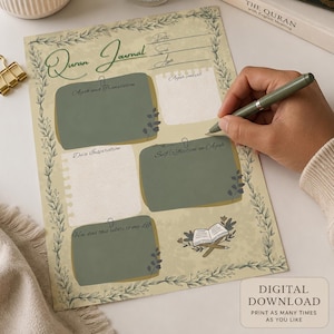 May include: A beige Quran Journal page featuring green botanical borders and sections labelled Ayah and Translation, Ayah context, Dua Inspiration, Self Reflection on Ayah, and How does this relate to my Life, with a small illustration of an open book.