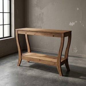 May include: A rectangular wooden console table featuring a natural brown wood grain finish, a flat top surface, and a lower shelf. The table is supported by four curved legs that extend outward, providing a stable base for this furniture piece.