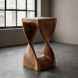 May include: A solid wood side table featuring a distinct twisted hourglass silhouette. The piece is crafted from a single block of natural brown timber with visible wood grain patterns, showcasing a smooth, polished surface and a flat square top.