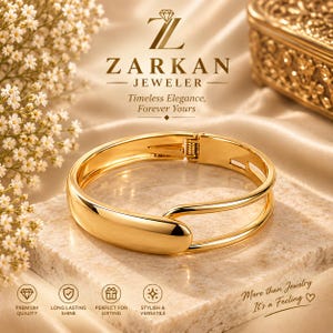 May include: A polished gold-tone hinged bangle bracelet with a smooth, curved front plate and a dual-band design. The text ZARKAN JEWELER, Timeless Elegance, Forever Yours, Premium Quality, Long Lasting Shine, Perfect for Gifting, Stylish & Versatile is visible.