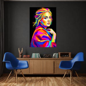 May include: A vibrant pop art portrait of a person with stylised hair, rendered in bold, saturated hues of neon pink, electric blue, bright yellow, and deep purple against a solid black background, capturing a striking and colourful visual aesthetic.