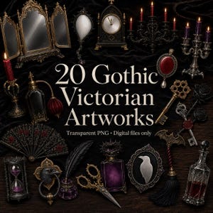May include: A collection of 20 Gothic Victorian digital artworks featuring a triptych mirror, a clock, candelabras with red candles, a red pendant, an ornate key, a black fan, an hourglass, a raven door knocker, a quill, scissors, and bottles.