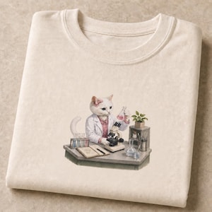 May include: A cream-colored crewneck sweatshirt featuring a graphic of a white cat wearing a lab coat and a pink bow. The cat is positioned at a laboratory desk with a microscope, test tubes, a notebook, and a small potted plant.