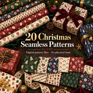 May include: A collection of 20 Christmas seamless patterns featuring digital files with festive motifs like ornaments, bells, hearts, and trees. The text reads 20 Christmas Seamless Patterns and Digital pattern files No physical item.