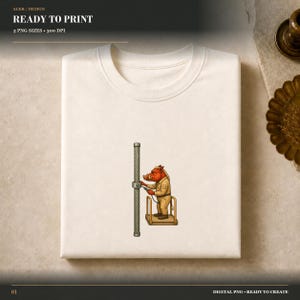 May include: A cream-colored t-shirt featuring a graphic of a red boar wearing a tan work uniform and standing on a yellow platform. The boar is welding a tall, vertical metal pole. The text ALKR / DESIGN READY TO PRINT 5 PNG SIZES 300 DPI is visible.