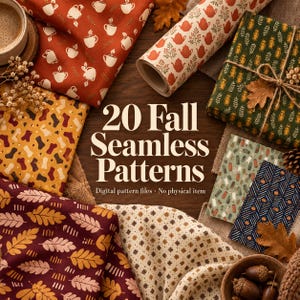 Può includere: Una collezione di 20 motivi autunnali senza cuciture con vari design a tema autunnale, tra cui tazze, teiere, foglie e calzini in tonalità arancione, verde, giallo e marrone. Il testo 20 Fall Seamless Patterns Digital pattern files No physical item è centrato.
