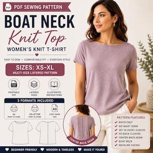 May include: A PDF sewing pattern for a boat neck knit top. The image displays the text PDF SEWING PATTERN, BOAT NECK Knit Top, and WOMEN'S KNIT T-SHIRT. It includes diagrams of the front and back of the shirt, size range XS-XL, and a list of features.