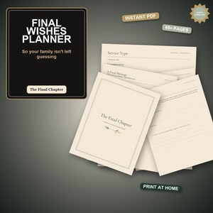 May include: A digital Final Wishes Planner document set with 65+ pages, featuring a black cover with white text reading Final Wishes Planner, So your family isn't left guessing, and The Final Chapter, alongside cream-colored printable pages.