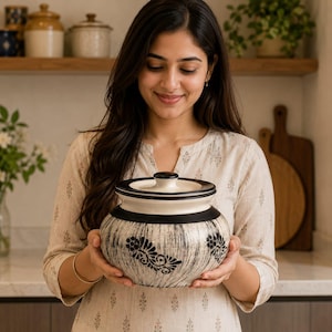 Può includere: Un barattolo in ceramica rotondo con base color crema e coperchio nero. Il barattolo presenta una finitura testurizzata con pennellate nei toni del grigio e del nero, accentuata da motivi floreali neri attorno alla parte centrale.