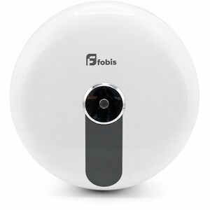 May include: A circular white wall-mounted device with a glossy finish. The center features a black vertical panel with a circular camera lens at the top. The logo 'fobis' is printed in black text to the left of the camera lens on the white surface.