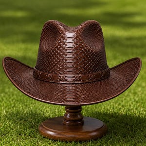 Cappello da cowboy in pelle marrone effetto serpente, stile western con stampa pitone, unisex, ideale per abbigliamento da ranch.
