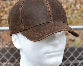 Distressed Brown Leather Baseball Cap, Vintage Men’s Dad Hat, Rustic Western Style, Adjustable Casual