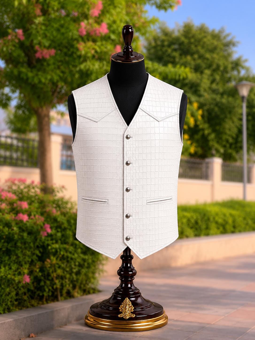 White Crocodile Embossed Leather Vest, Men's Biker Waistcoat, Handmade Western Style