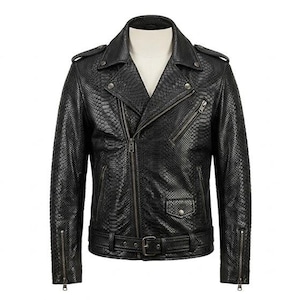 Veste de motard pour homme en cuir noir effet serpent, manteau de moto en véritable cuir de python texturé