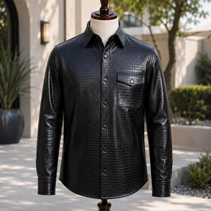 Men’s Black Leather Shirt, Crocodile Embossed Cowhide Overshirt, Button Up Jacket