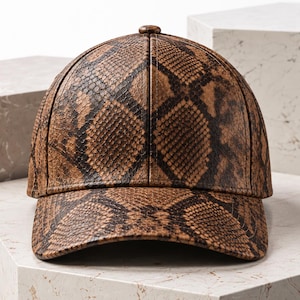 May include: A baseball cap featuring a brown and black snakeskin pattern. The cap has a structured crown with a central button at the top and a curved brim. The material displays a textured, reptilian scale print across the entire surface.