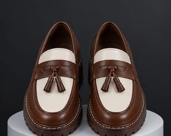 Men’s Brown Cream Genuine Leather Tassel Loafers | Two-Tone Penny Slip-On Dress Shoes