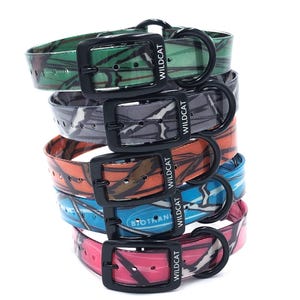 May include: A stack of five pet collars in green, gray, orange, blue, and pink, each featuring a black buckle and D-ring. The collars have a camouflage pattern and the word WILDCAT printed in white on the black buckle hardware.
