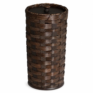 May include: A cylindrical dark brown woven basket with a matching flat lid featuring a small central knob. The exterior displays a tight, vertical and horizontal weave pattern in varying shades of deep brown, creating a textured appearance.