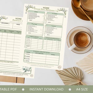 May include: A printable home maintenance log planner with two pages featuring sections for seasonal tasks, annual services, repairs, and notes. The design includes sage green headers, floral accents, and the text Home Seasonal Home Maintenance Log.