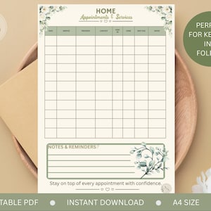 May include: A printable A4 home appointments and services tracker sheet with a grid layout, floral corner accents, and a notes and reminders section. The document features the text Home Appointments & Services and Stay on top of every appointment with confidence.
