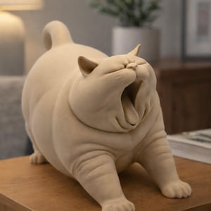 Puede incluir: Una figura de cerámica beige de un gato robusto y redondo en posición de estiramiento con la boca abierta en un bostezo. El gato tiene un acabado mate suave, pliegues cutáneos visibles alrededor del cuello y el cuerpo, orejas puntiagudas y cola.
