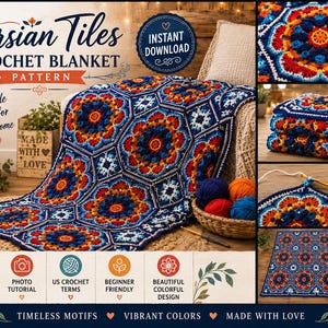 May include: A crochet blanket pattern titled Persian Tiles Crochet Blanket Pattern featuring a vibrant geometric design with blue, orange, red, and white yarn motifs. The image displays the finished blanket, yarn balls, and instructional text.