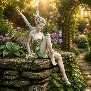 May include: A stone-colored fairy statue with detailed wings, wearing a green leaf-textured dress, sitting on a mossy stone wall. The figure has an intricate hairstyle, a delicate facial expression, and a vine-like ornament wrapped around one ankle.