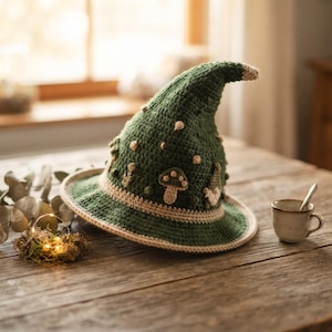 May include: A dark green crocheted pointed hat featuring a light beige brim and band. The hat is decorated with small, raised, light-colored crocheted mushroom motifs and tiny bobble accents scattered across the surface of the pointed crown.