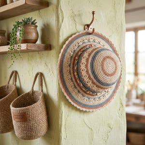 May include: A round, crocheted hat with concentric rings of beige, blue, and terracotta yarn, featuring a scalloped edge and a braided band. The hat is hung on a copper-colored metal hook attached to a textured, light green wall surface.